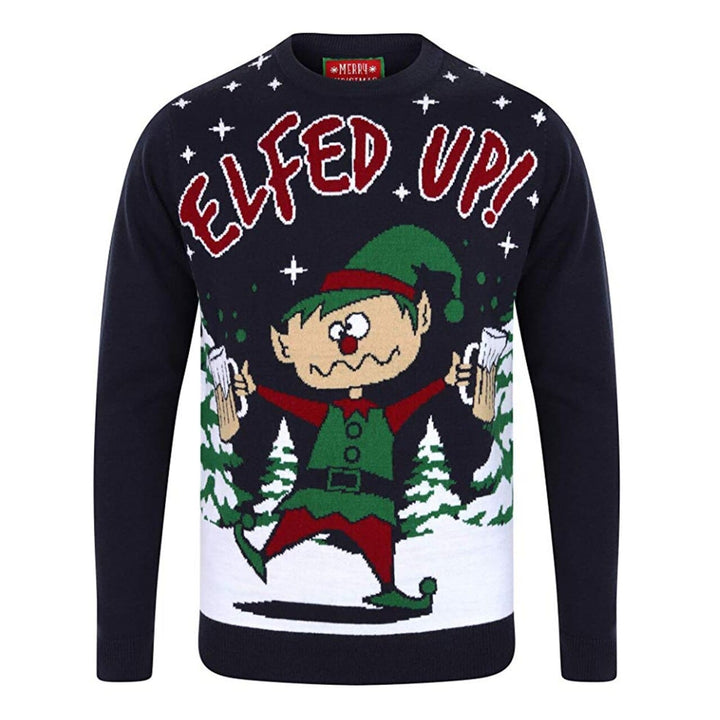 Mens Novelty Christmas Jumper Elfed Up Naughty Booze Elf Eclipse Blue / S
