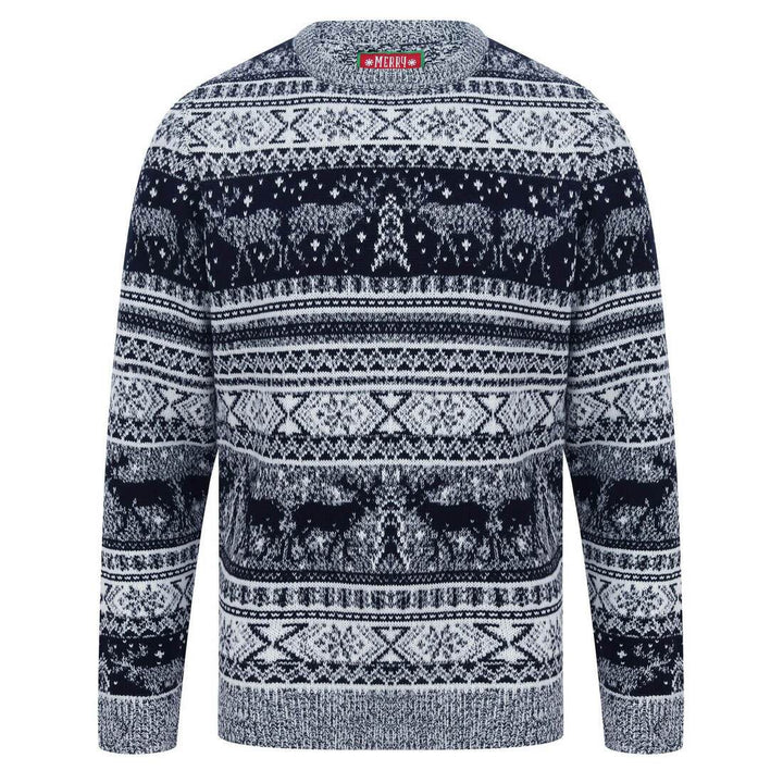 Mens Reindeer Fair Isle Christmas Jumper Grey Marl Nordic Ink / S