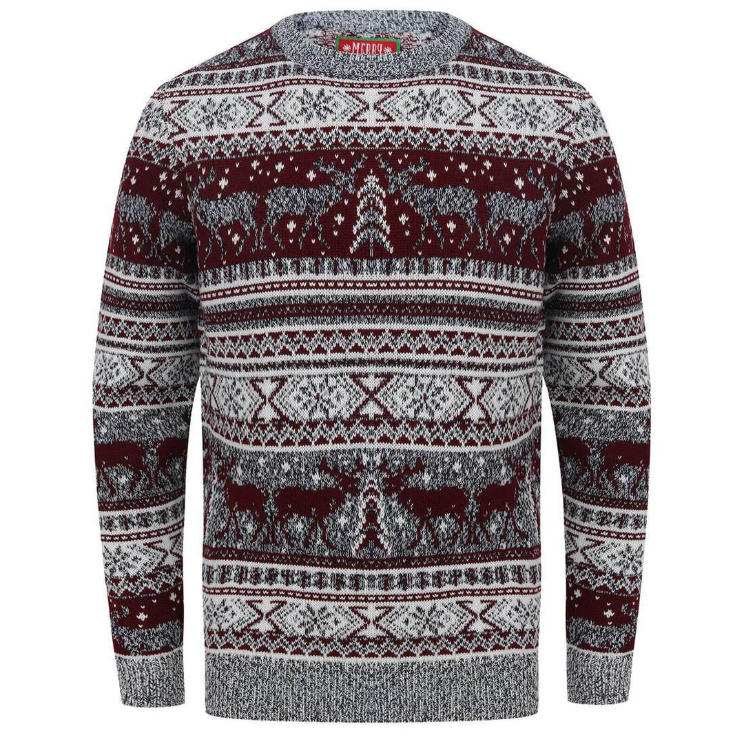 Mens Reindeer Fair Isle Christmas Jumper Grey Marl Nordic Oxblood / S