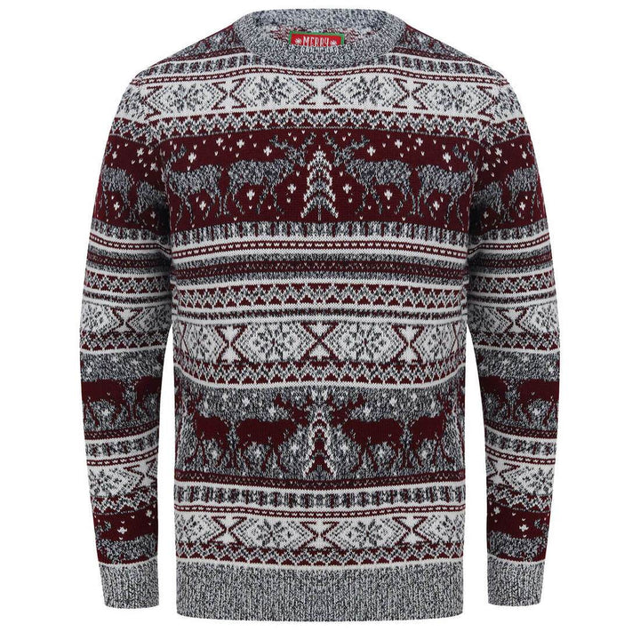 Mens Reindeer Fair Isle Christmas Jumper Grey Marl Nordic Oxblood / S