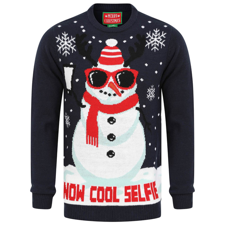 Mens Snowman Christmas Jumper Snow Cool Selfie Blue / S