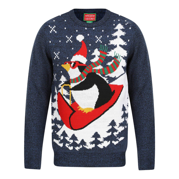 Mens Penguin Christmas Jumper With Red Sledge Blue / S