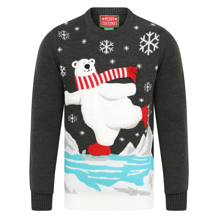 Mens Christmas Jumper Polar Bear Ice Skating With Striped Scarf Grey / S