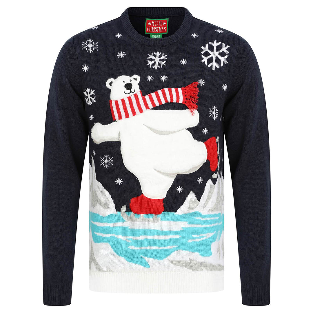 Mens Christmas Jumper Polar Bear Ice Skating With Striped Scarf Blue / S