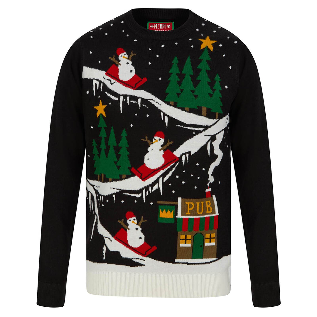 Mens To The Pub Snowman Christmas Jumper Black / S