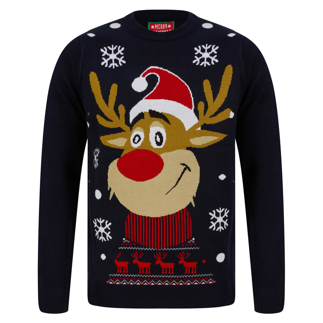 Mens Smiling Rudolph Reindeer Christmas Jumper Ink / S