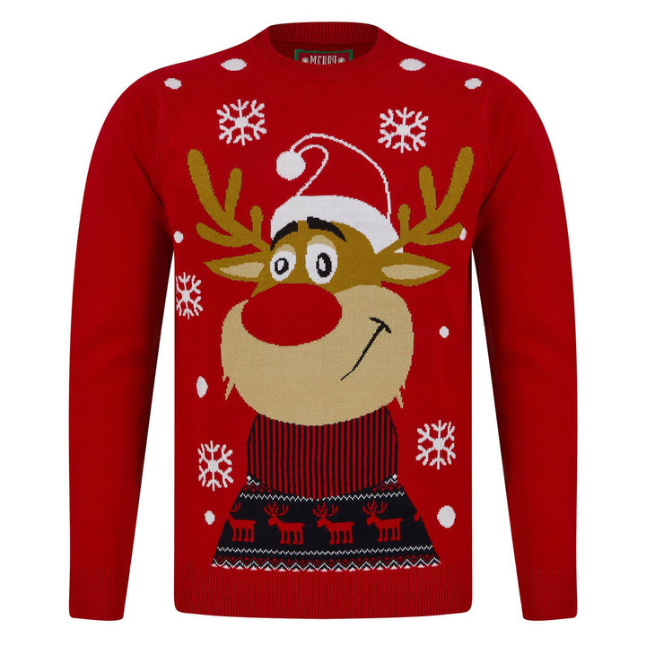 Mens Smiling Rudolph Reindeer Christmas Jumper Red / S