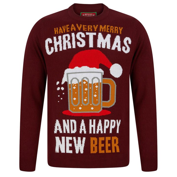 Mens Happy New Beer Festive Christmas Jumper Claret / S