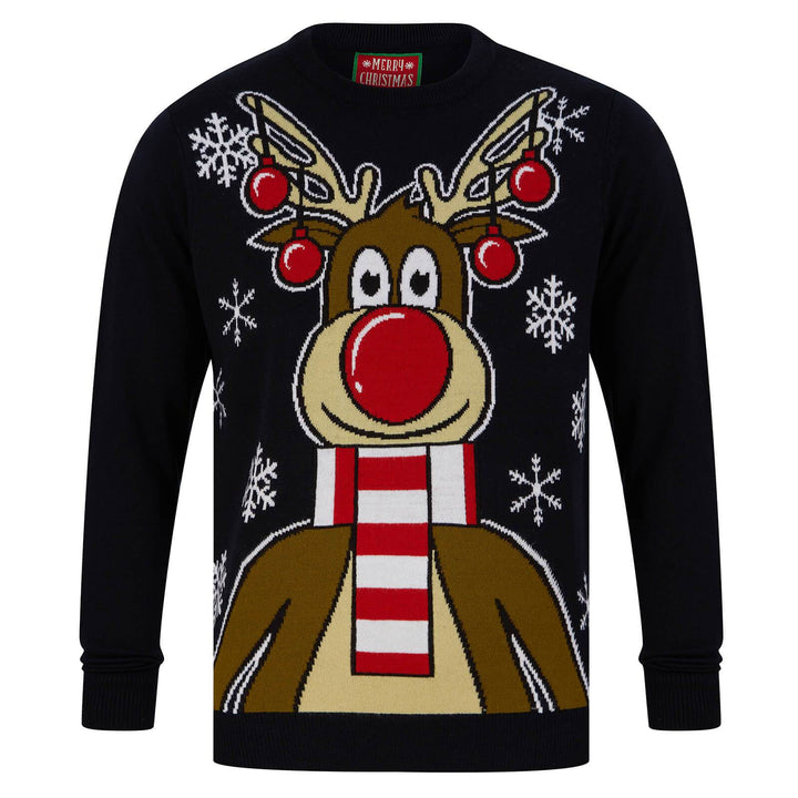 Mens Christmas Jumper Festive Rudolph With Scarf Ink / S