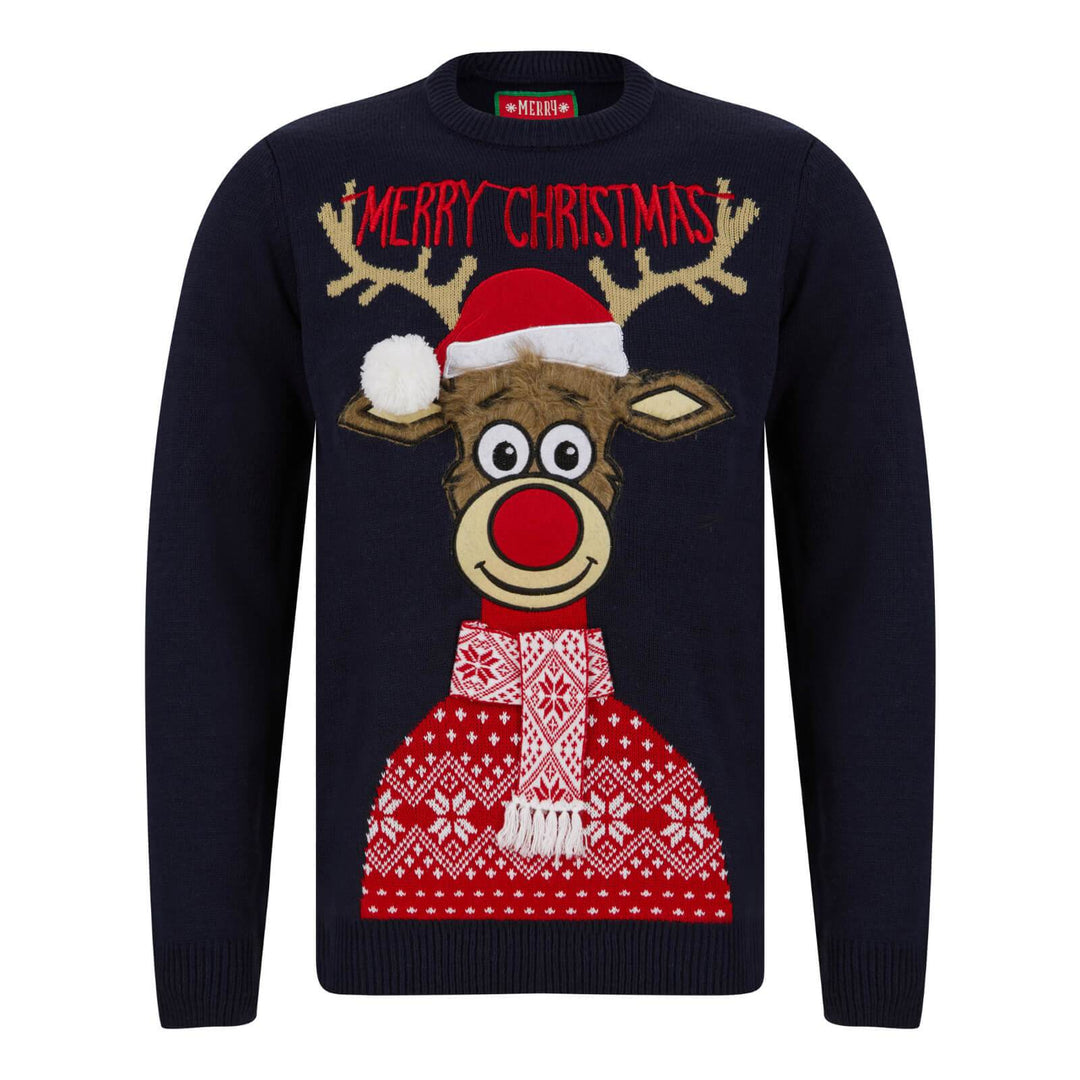 Mens Classic Rudolph Faux Fur Christmas Jumper 3D Pom Pom Ink / S