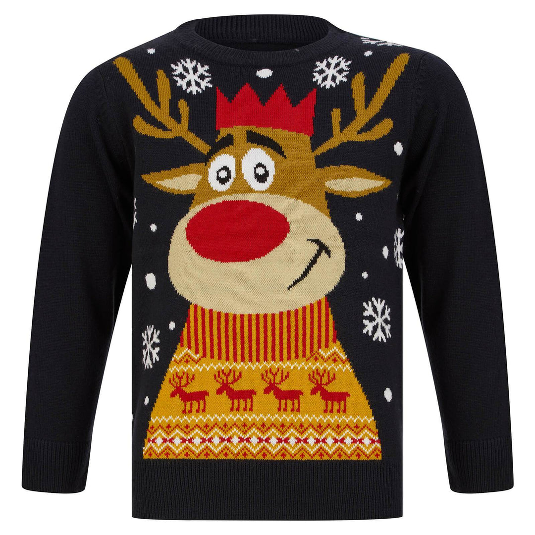 Kids Christmas Jumper Smiling Reindeer Snowflakes Fair Isle Ink / 4-5