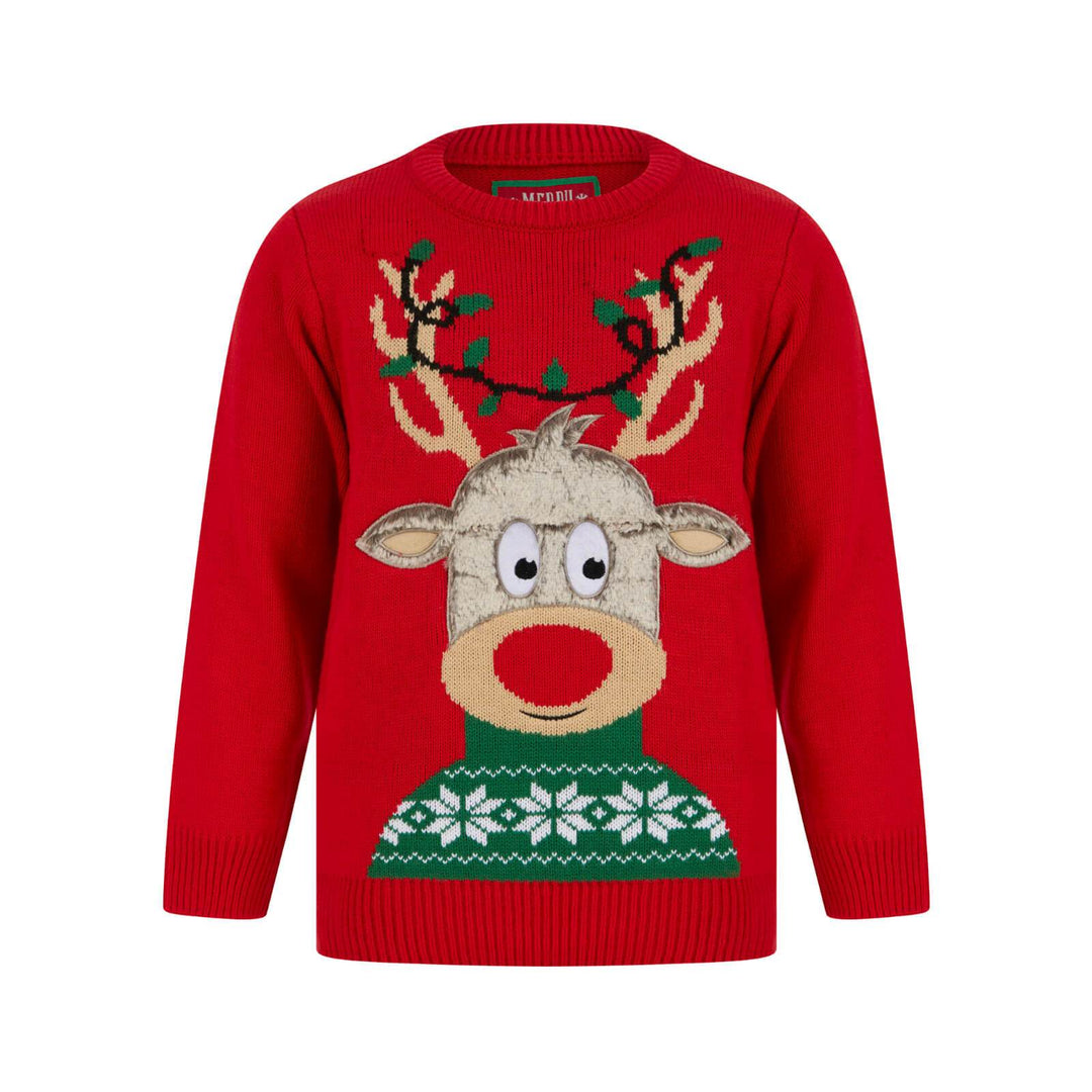 Kids LED Faux Fur Rudolph Christmas Jumper Light Up Red / 4-5