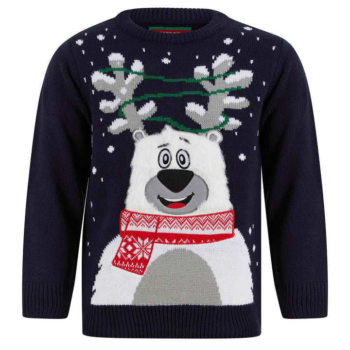 Kids LED Fluffy Polar Bear Christmas Jumper Light Up Ink / 4-5