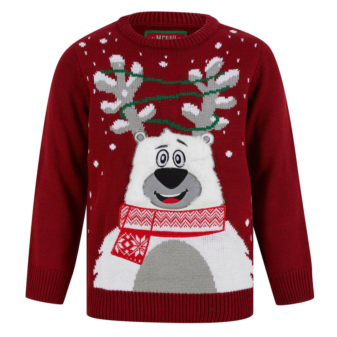 Kids LED Fluffy Polar Bear Christmas Jumper Light Up Red / 4-5