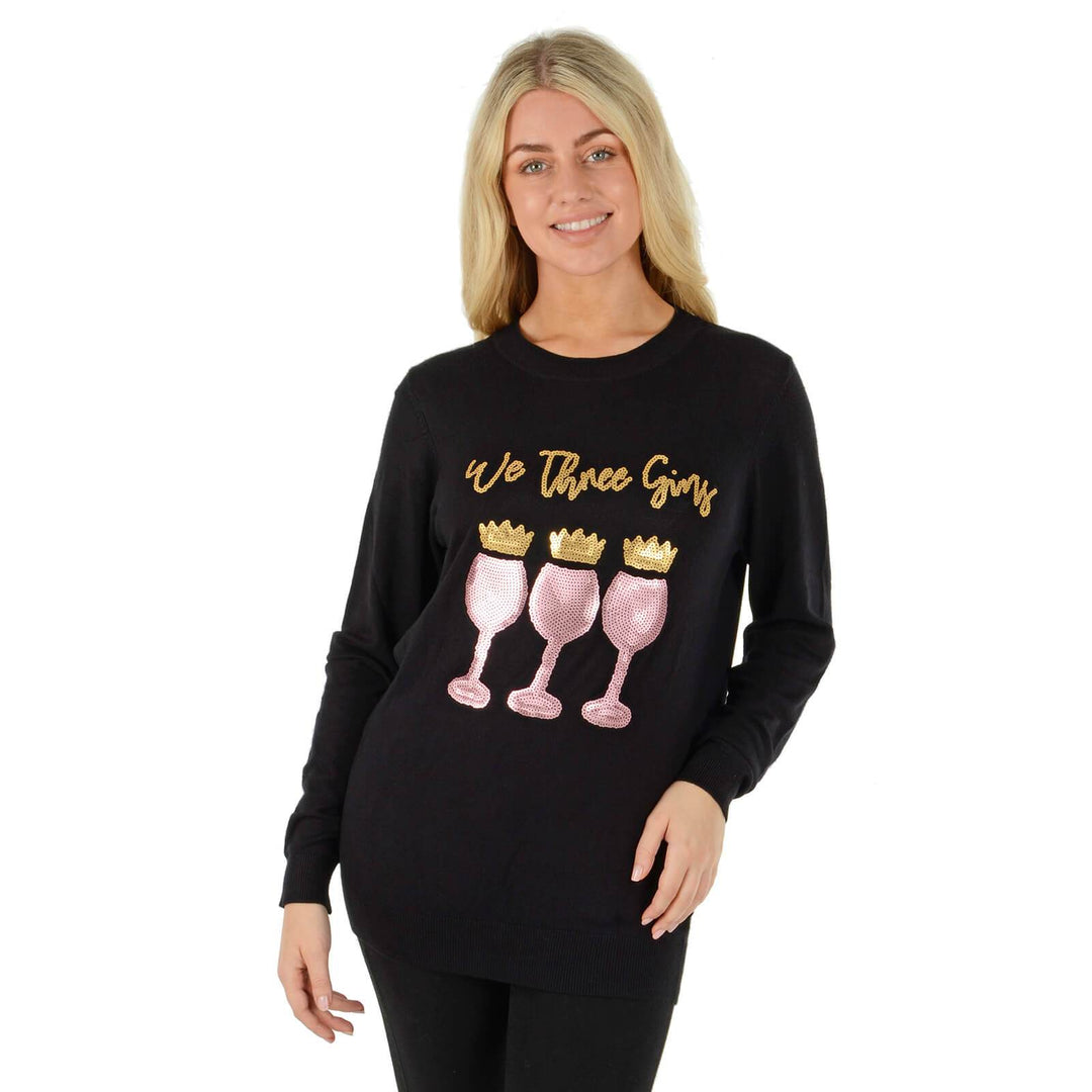 Womens Novelty Christmas Jumper Sequins We Three Gins Black