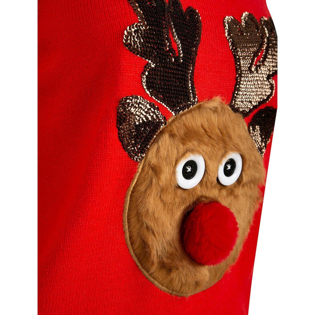 Womens Furry Reindeer Christmas Jumper Red Pom Pom Nose