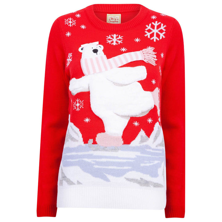 Ladies Christmas Jumper Polar Bear Ice Skating Red S