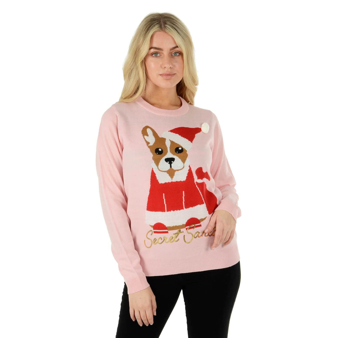 Ladies Secret Santa Christmas Jumper Santa Dog S / Pink