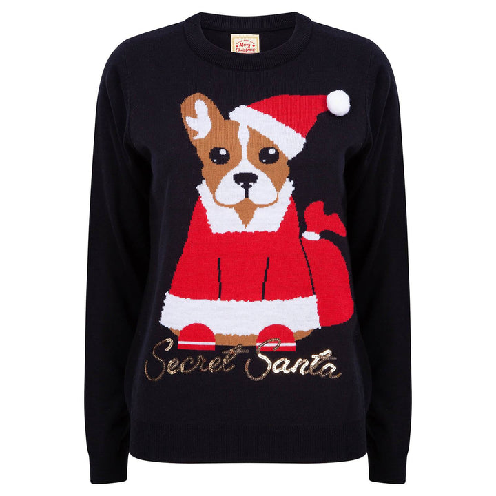 Ladies Secret Santa Christmas Jumper Santa Dog S / Black