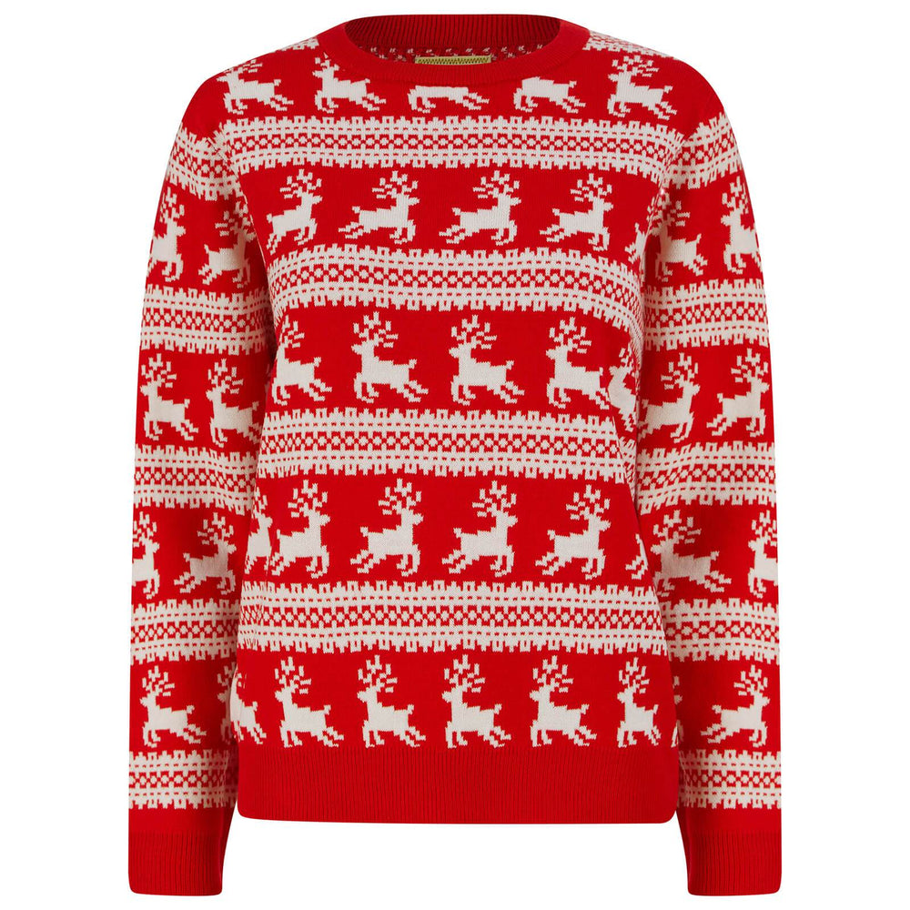 Womens Traditional Christmas Jumper Leaping Reindeer Red Red / 10