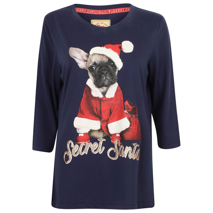 Womens Christmas T-Shirt Top 3/4 Sleeve Secret Santa Puppy Navy / S