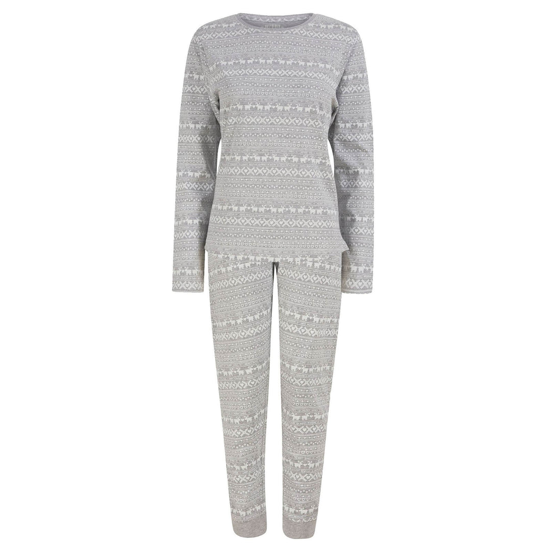 Womens Christmas Pyjama Set Reindeer Fairisle Print Grey / S