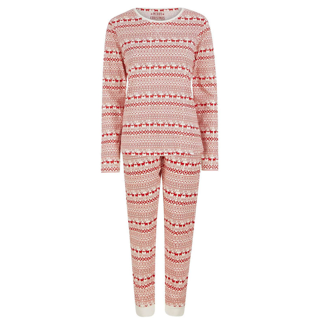 Womens Christmas Pyjama Set Reindeer Fairisle Print White / S