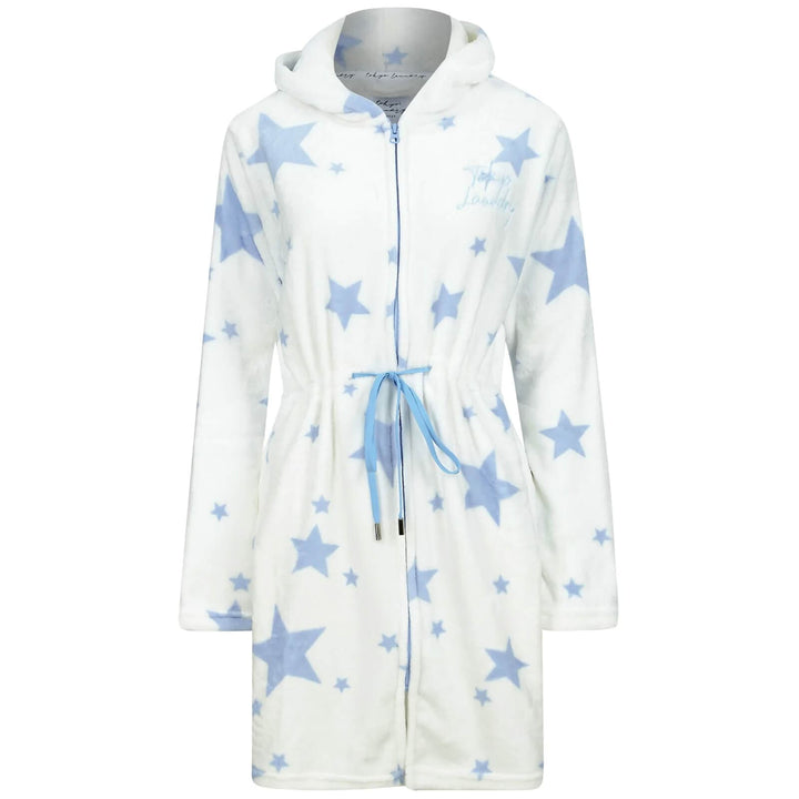 Womens Dressing Gown With Hood Zip Front Fleece Robe Stars