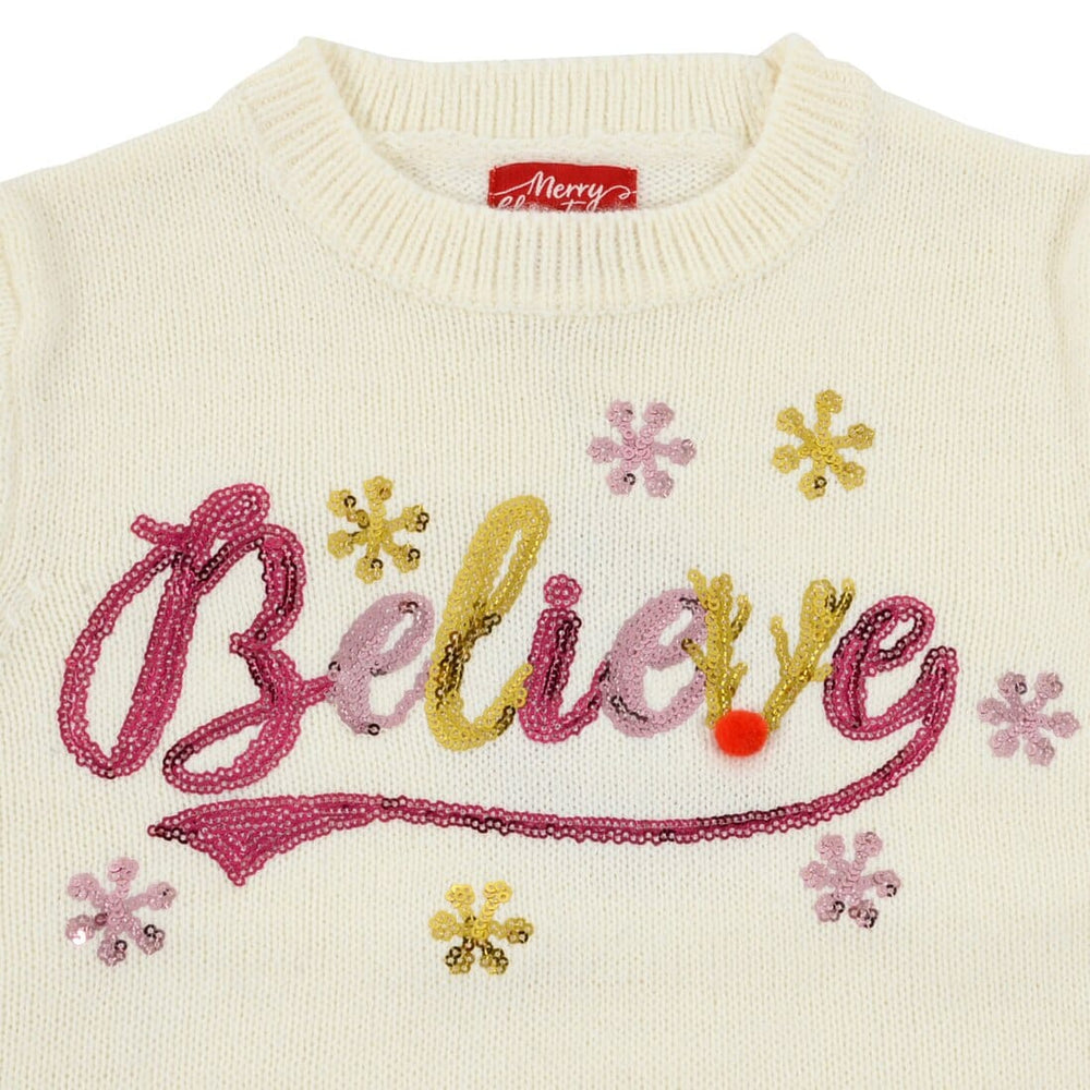 Girls Christmas Jumper Believe Flowers Sequins Pink Gold