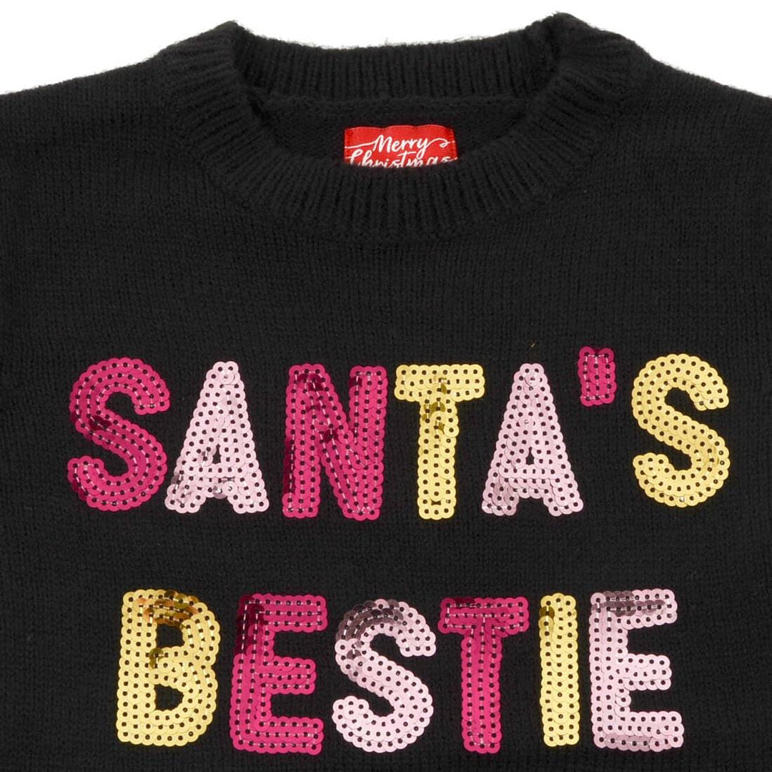 Girls Santas Bestie Christmas Jumper Gold Pink Sequins