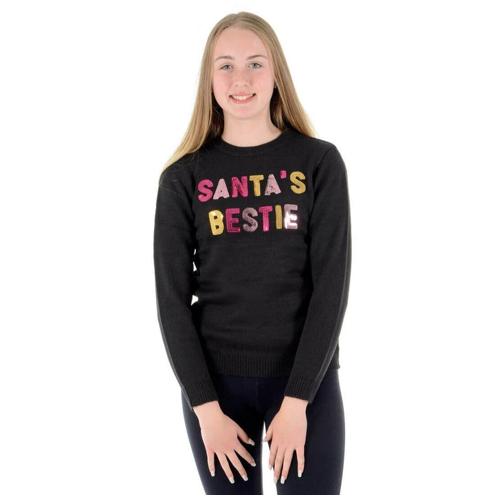 Girls Santas Bestie Christmas Jumper Gold Pink Sequins 4-5