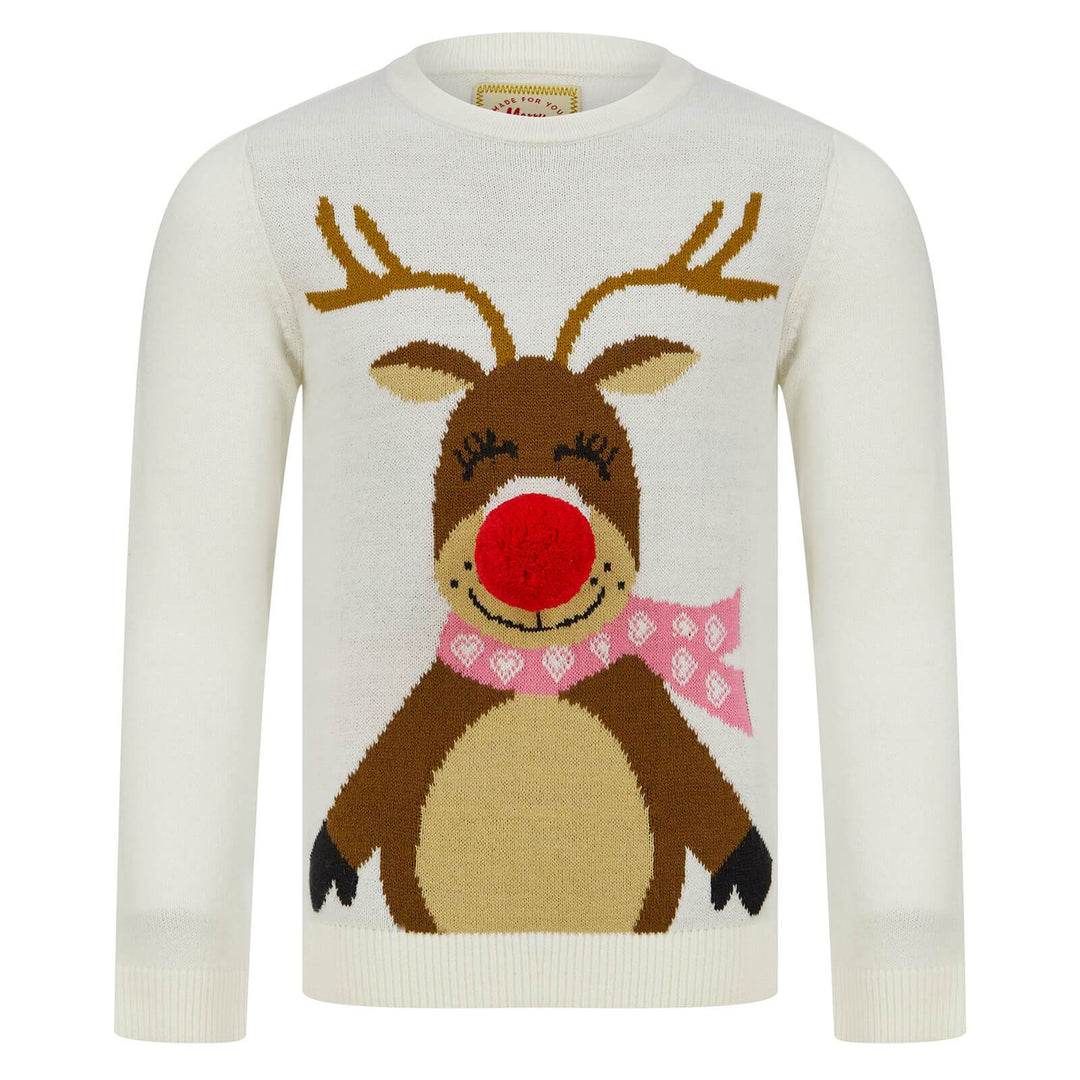 Kids Happy Reindeer Christmas Jumper Red Pom Pom Nose 4-5