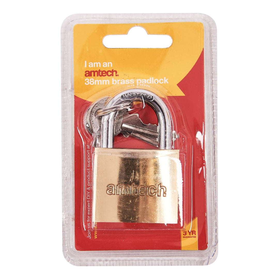 Amtech Brass Padlock Heavy Duty Steel Shackle 3 Keys