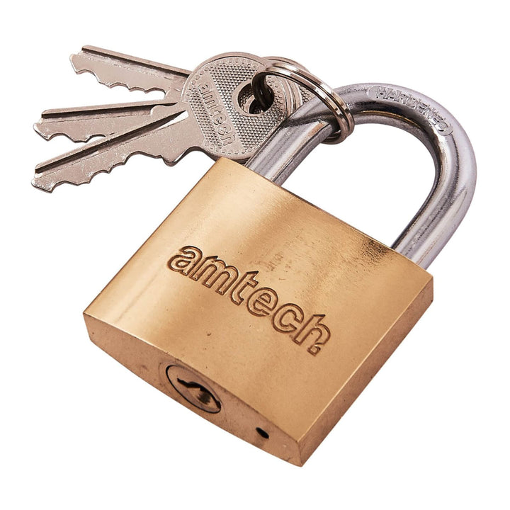 Amtech Brass Padlock Heavy Duty Steel Shackle 3 Keys 38mm