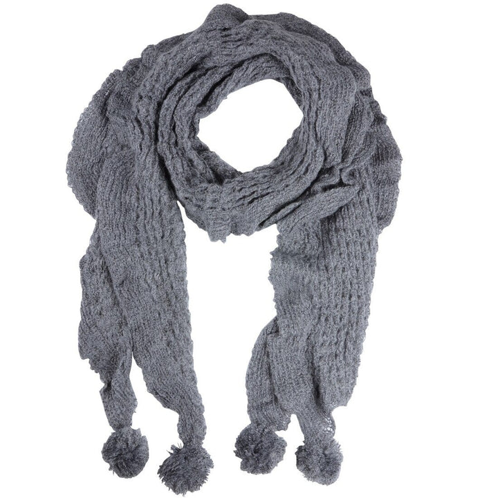 Mia Womens Loose Knit Scarf With Pom Poms Grey Mink Indigo Indigo