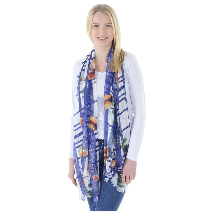 Womens Lightweight Sheer Scarf With Check & Floral Print (Milena)