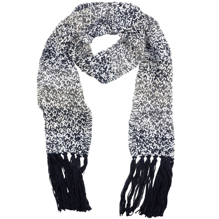 Womens Ontario Chunky Knit Scarf With Long Fringe Tassels Grey &amp; Black