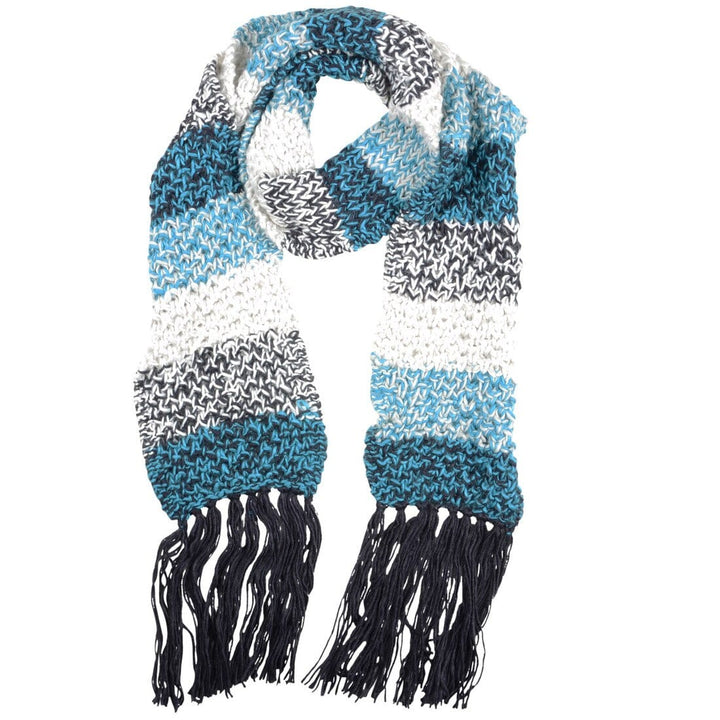 Womens Ontario Chunky Knit Scarf With Long Fringe Tassels Blue &amp; Navy