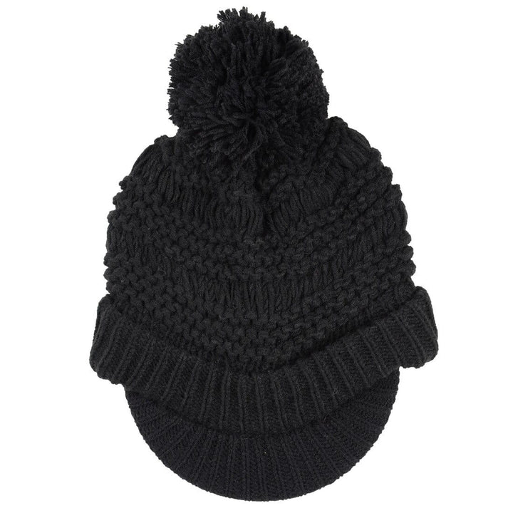Womens Chunky Knit Willow Hat With Peak &amp; Pom Pom Bobble Black