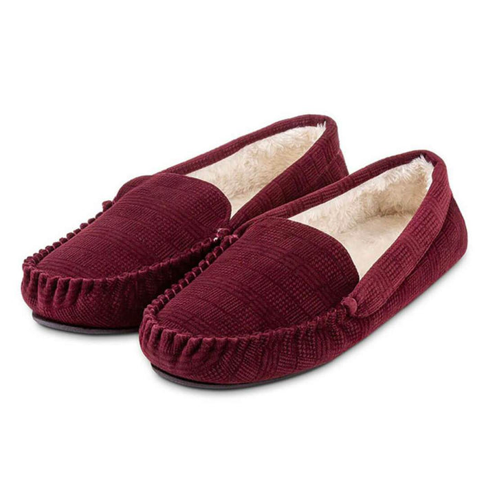 Totes Mens Velour Moccasin Slippers Sherpa Lining Comfort Burgundy / L