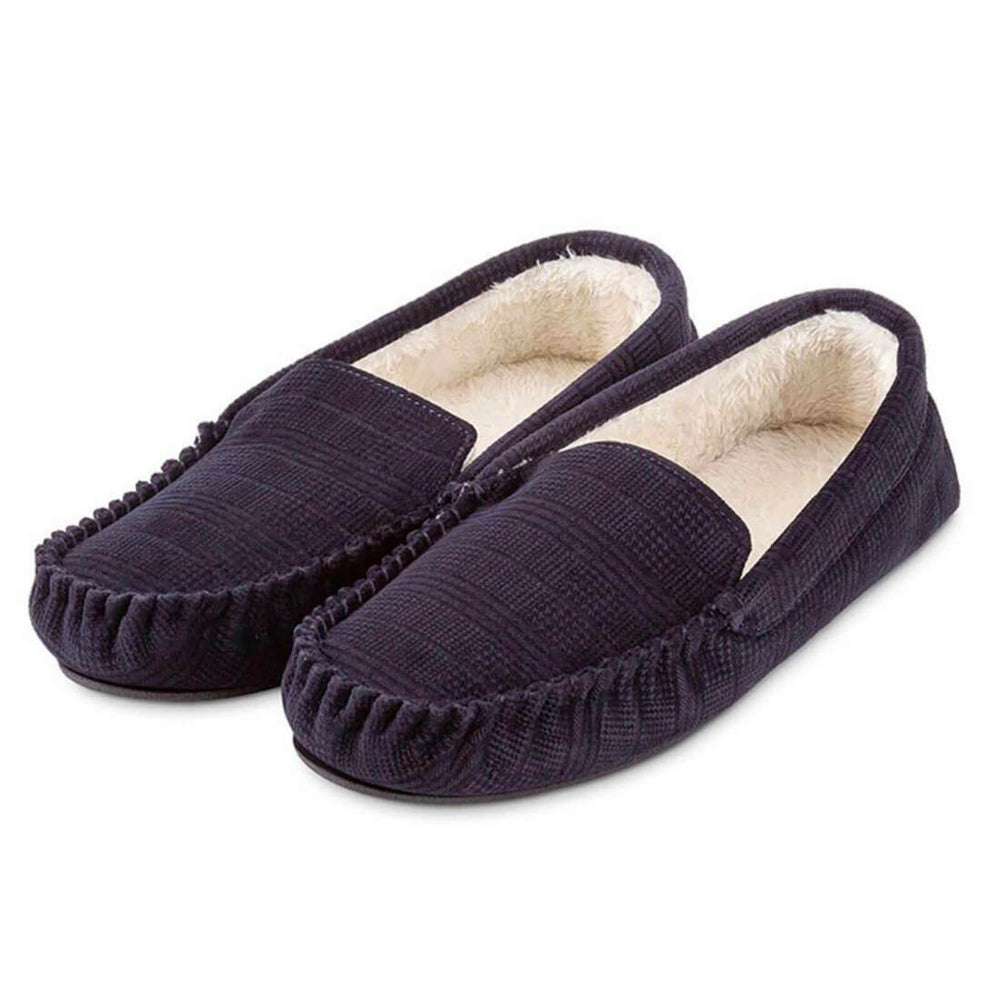 Totes Mens Velour Moccasin Slippers Sherpa Lining Comfort Navy / L