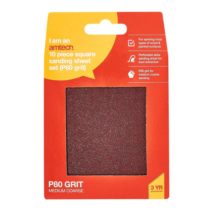 Amtech 10 Piece Square Sanding Sheet Set (P80 Grit)