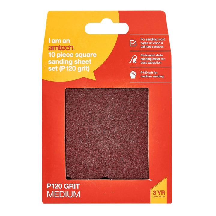 Amtech 10 Piece Square Sanding Sheet Set P120 Grit