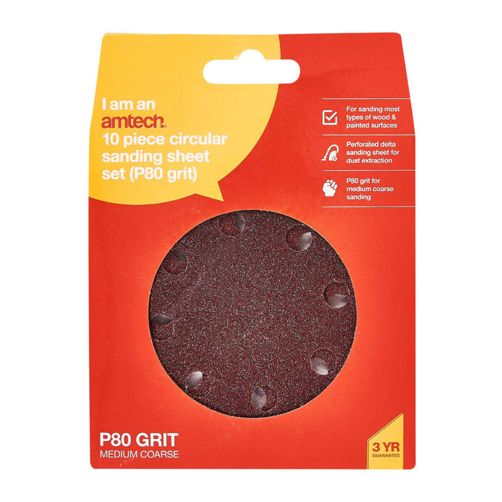 Amtech 115mm 10 Piece Circular Sanding Sheet Set P80 Grit