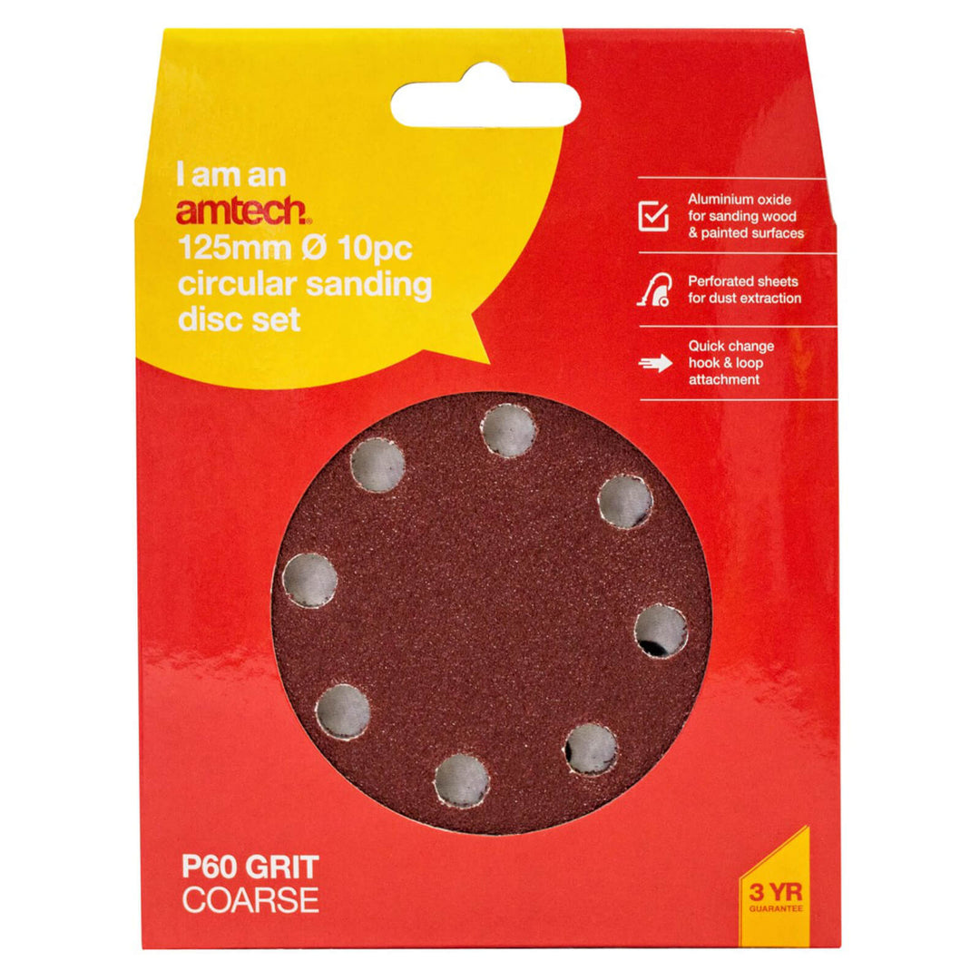 Amtech 125mm 10 Piece Circular Sanding Sheet Set P60 Grit