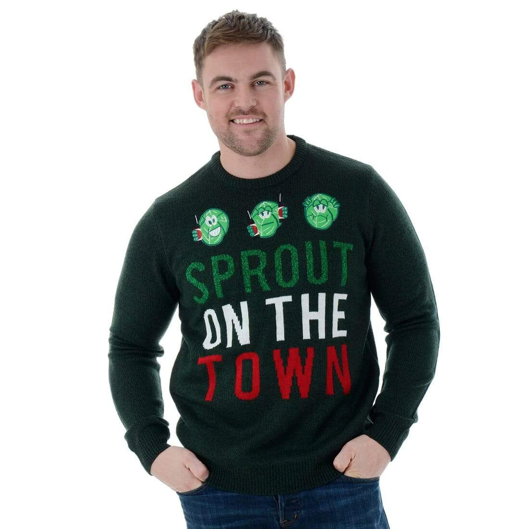 Mens Funny Novelty Knitted Sprout On The Town Christmas Jumper L