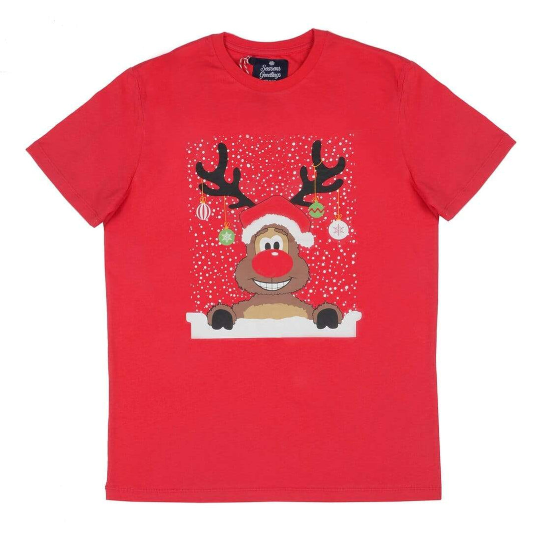 Mens Red Christmas T-Shirt With Reindeer & Baubles Print S