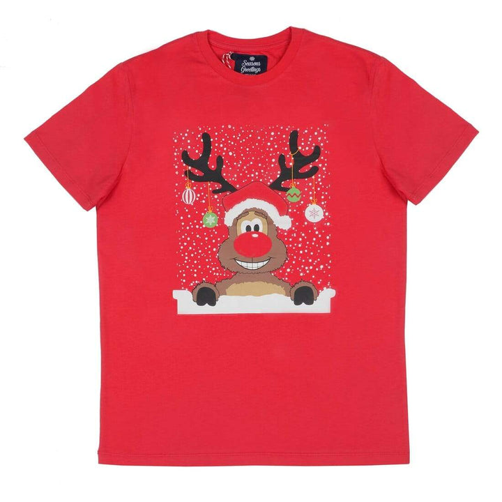 Mens Red Christmas T-Shirt With Reindeer &amp; Baubles Print S