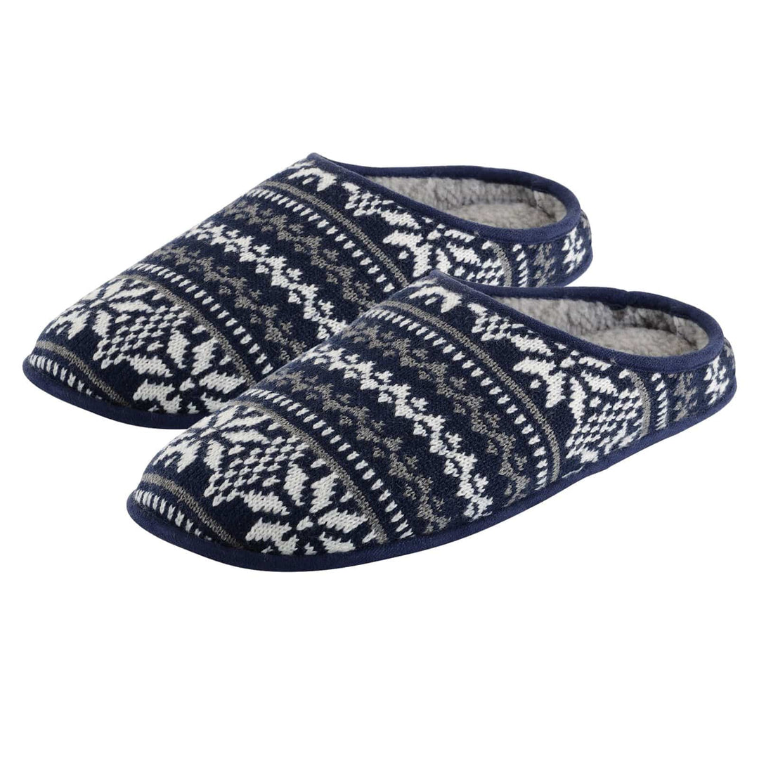 Mens Fairisle Mule Slippers With Faux Sheepskin Lining Navy / Size 7