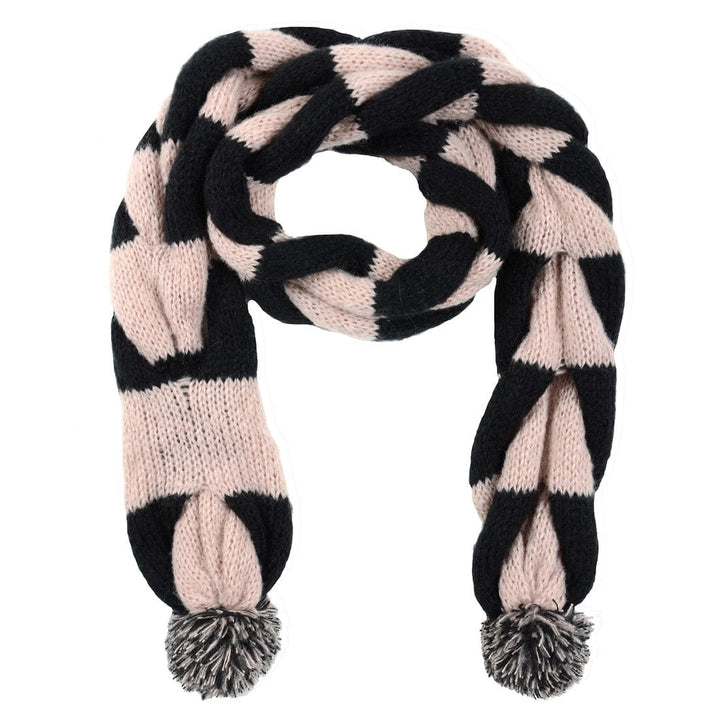 Linz Womens Pom Pom Scarf Black/Beige Plaited Knitted Design